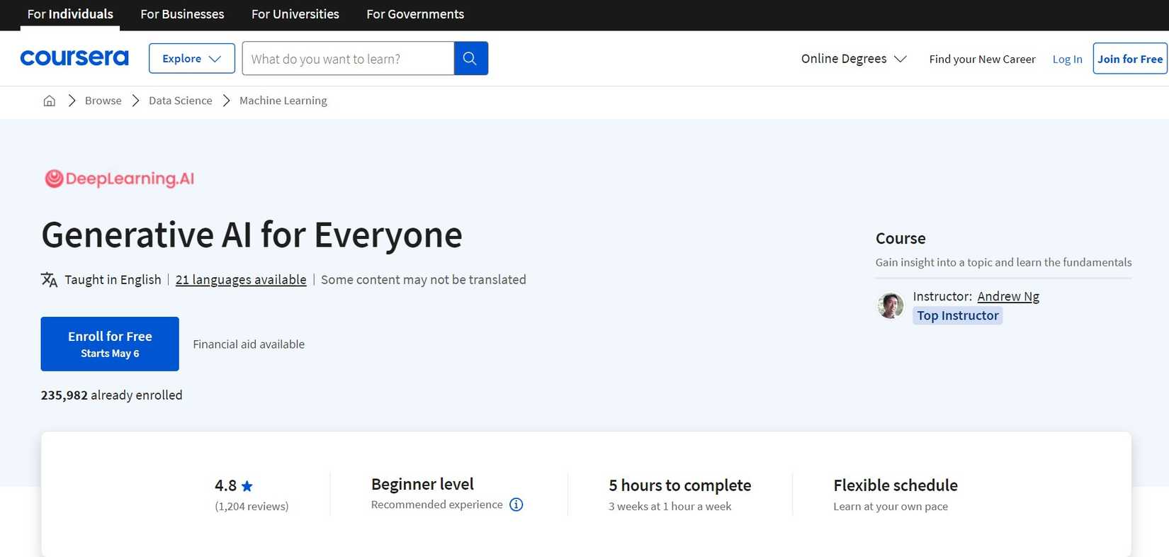 Generative AI for Everyone (DeepLearning.AI | Coursera)